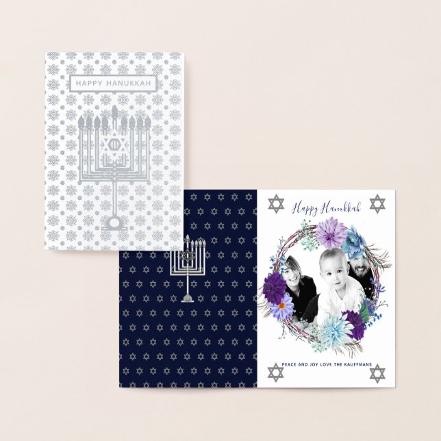 CARTÃO COM FOTOS de Hanukkah AZUL SILVER - Flores (Exibição)
