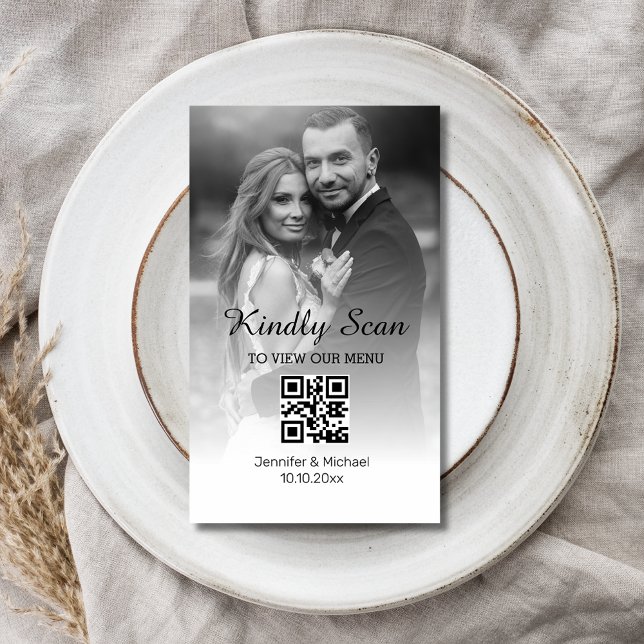 cartão com fotos de menu de casamento mínimo qr mo (Criador carregado)