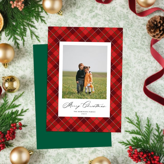 Cartão com fotos de Natal da Xadrez Vermelha (Classic Red Plaid Holiday Card
)