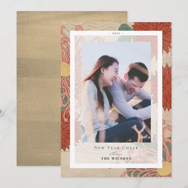 Cartão com fotos de Natal de Ano Novo Padrão Flora (Frente/Verso)