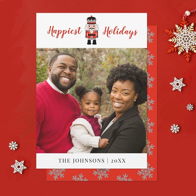 Cartão com fotos de Natal do Red Nutcracker (A festive Christmas Holiday card featuring your family photo and a nutcracker)
