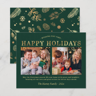 Cartão com fotos de Natal Dourado Verde de Orçamen