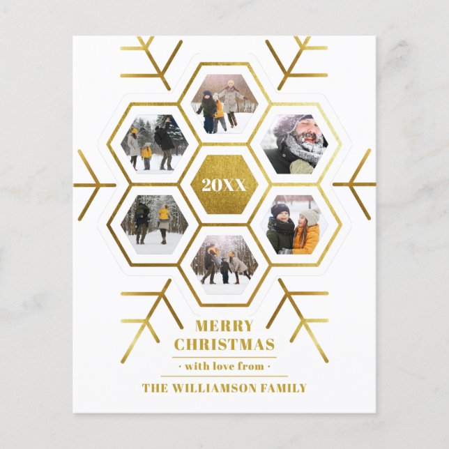 Cartão com fotos de Natal em Floco de Neve Dourado (Frente)