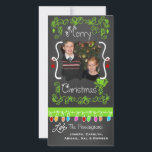Cartão com fotos de Natal Merry Chalkboard<br><div class="desc">Feliz cartões com fotos de Natal com uma aparência de quadro comum, muitas espirais de verde limão e texto que lê Feliz Natal, uma série de luzes coloridas em várias cores, ornamentos de verde limão e vermelhos pendurados, e áreas que você pode personalizar esses belos e brilhantes cartões com fotos...</div>
