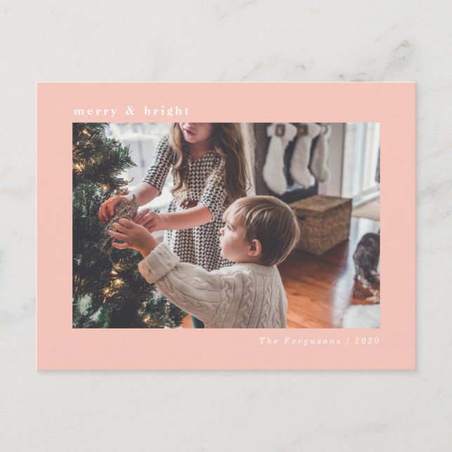 Cartão com fotos de Natal Mínimo Rosa Moderno (Frente)