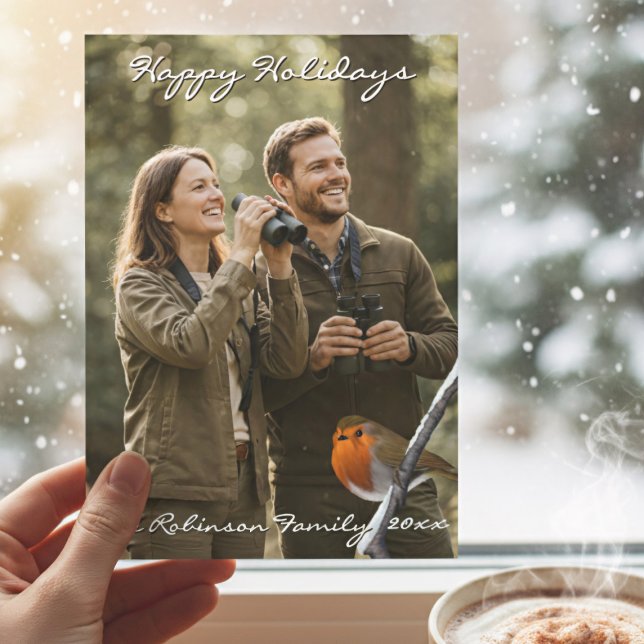 Cartão com fotos de Natal Robin Bird (Perfect Christmas Photo Card for Bird Watchers. Add your Family Name)