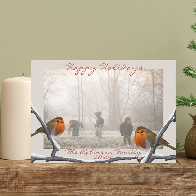 Cartão com fotos de Natal Robin Bird Overlay (Happy Holidays from the robins. Just upload your photo)