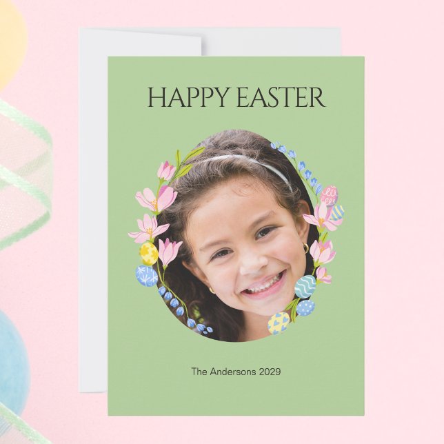 Cartão com fotos de páscoa com Quadro Floral - Ver (Easter Photo Card with Floral Frame – Green)