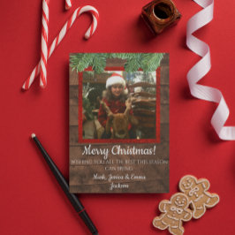 Cartão com fotos de pinheiro e madeira de Natal