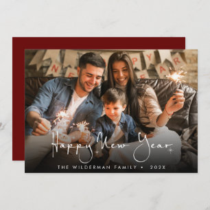 cartão com fotos de script de caligrafia feliz ano