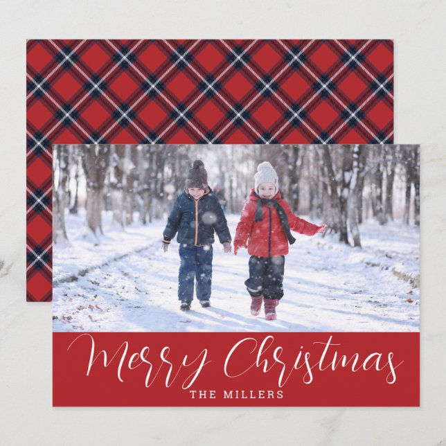 Cartão com fotos de Tartan do Marinho Vermelho par (Frente/Verso)