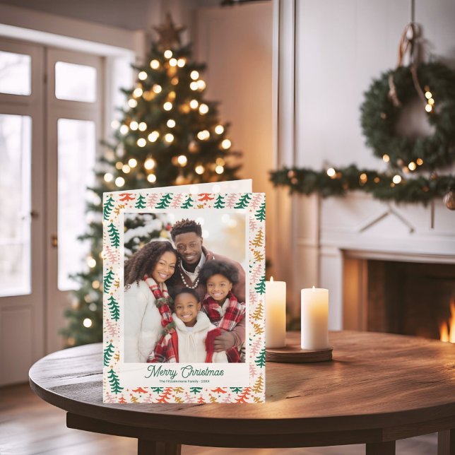 Cartão com fotos dobrado de feriado na árvore de N (Groovy Retro Christmas Tree Holiday Folded Card)