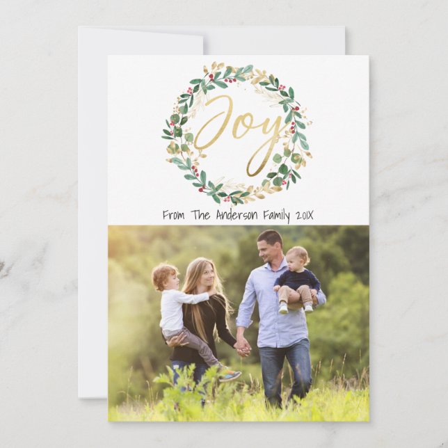 Cartão com fotos Dourado da família de Natal Wreat (Frente)