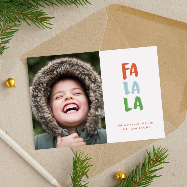 Cartão com fotos Fa La Holiday (Hand lettered watercolor Fa La La photo holiday Christmas card.)