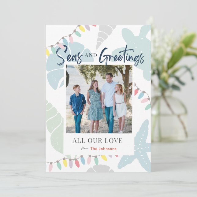 Cartão com fotos Feriado de Seashell no Mar e Saud (Em pé/Frente)