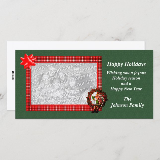 Cartão com fotos Feriado Masculino Elf Wreath (Frente/Verso)