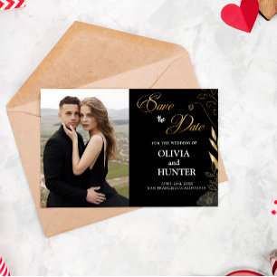 Cartão com fotos Floral Dourado e preto elegante