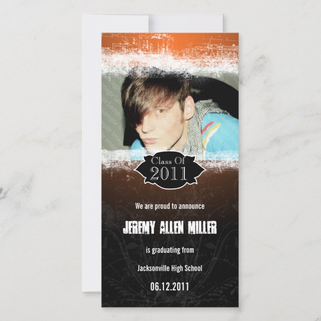 Cartão com fotos Grunge Orange Black Graduation (Frente)