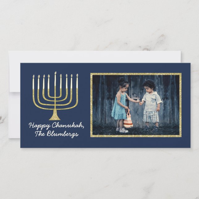 Cartão com fotos Hanukkah "Elegante Menorah Blue" (Frente)