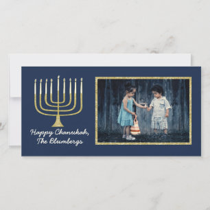 Cartão com fotos Hanukkah "Elegante Menorah Blue"