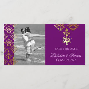 Cartão com fotos índio Salve a data Damask Purple