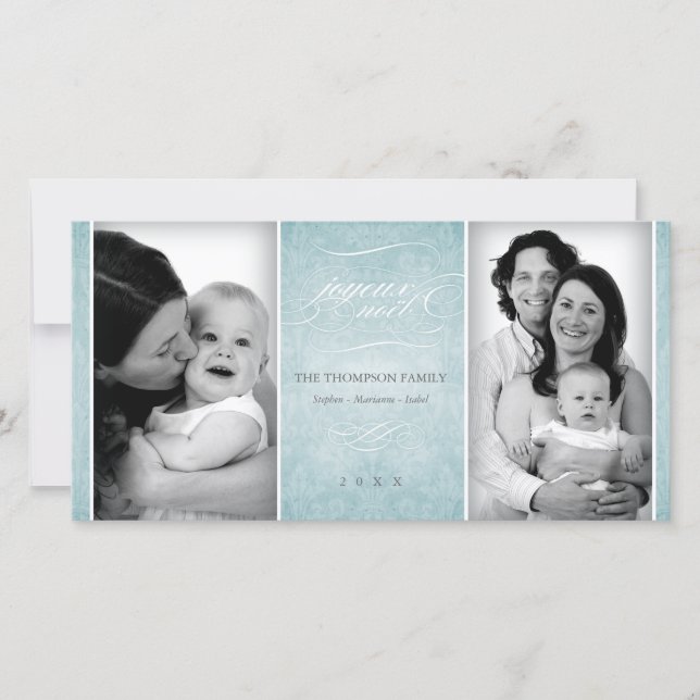 Cartão com fotos "Joyeux Noël" Azul Elegante (Frente)