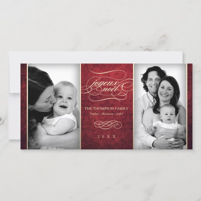 Cartão com fotos "Joyeux Noël" vermelho luxurioso (Frente)