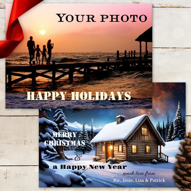 Cartão com fotos Personalizado de Férias de Natal  (Christmas Holidays custom photo card with classic winter landscape with festive cottage and Santa)