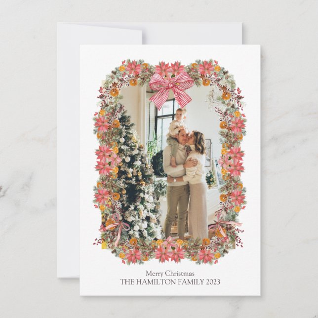 Cartão com fotos Pine Poinsettia Orange Holiday Ga (Frente)