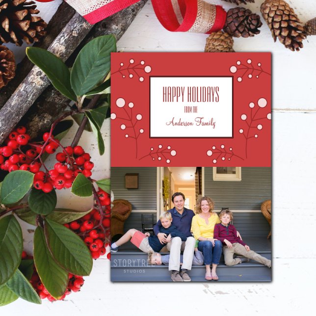 Cartão com fotos Red Modern Berry Holiday (Red Modern Berry Holiday Photo Card)