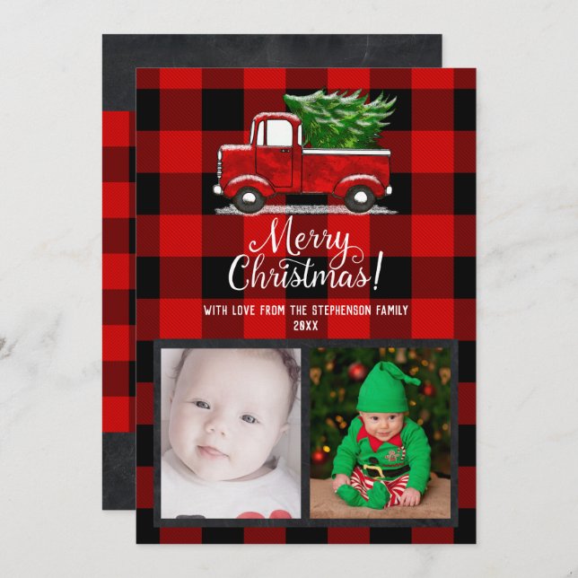 Cartão com fotos Red Pickup Truck Felry Christmas  (Frente/Verso)