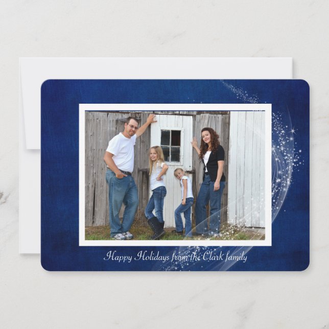 Cartão com fotos sobre fundo azul com faíscas (Frente)