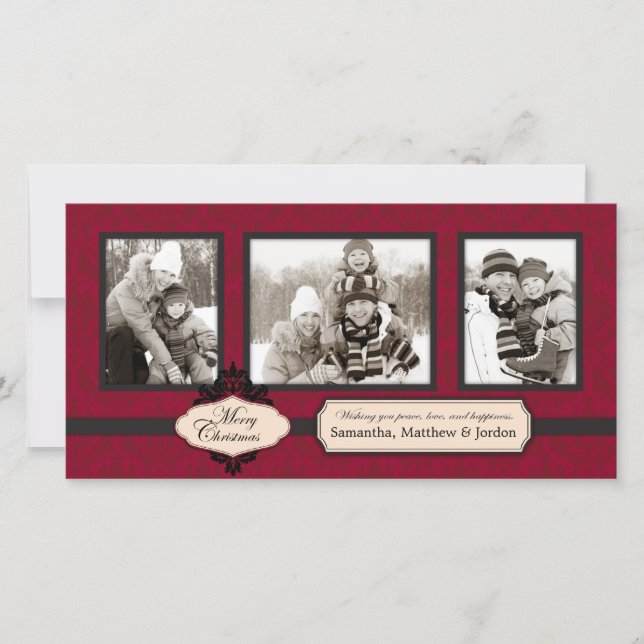 Cartão com fotos Vermelho Brocade Natal (Frente)
