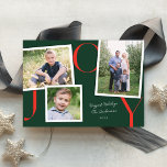 Cartão com fotos Vintage Snapshot Modern JOY Holid<br><div class="desc">Este cartão com fotos de Natal moderno apresenta três fotos em vários tamanhos sobre um fundo verde escuro com "JOY" em vermelho organizado cuidadosamente, e espaço para sua família saudar/assinar. Este design acomoda uma foto horizontal, uma foto quadrada e uma foto vertical. No verso há um padrão de faixa diagonal...</div>