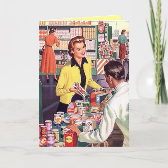 Cartão com Lady Feliz na Loja de Compras de Saída (Frente)