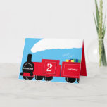 Cartão Comboio de segundo aniversário personalizado<br><div class="desc">Um cartão de comboio de segundo aniversário. O design mostra um cheio vermelho brilhante de presentes. A locomotiva tem texto personalizado para o nome do garoto, sua idade e o lugar onde a criança vive. O cartão perfeito para um pai carinhoso da ferrovia dar ao filho ou para um avô...</div>