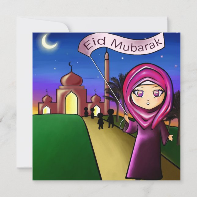 Cartão comemorativo "Eid Mubarak" com desenho (Frente)