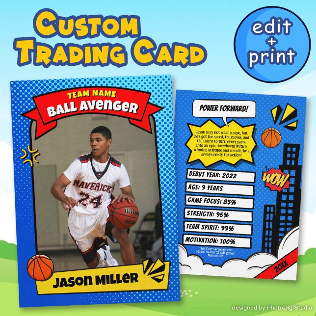 Cartão Comercial de Basquete Personalizado, Quadri (Custom Basketball Trading Card, Comic Baller Card)