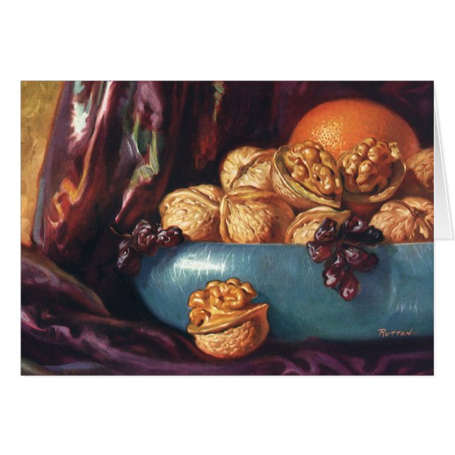 Cartão Comida, nozes e Frutas de uma taça azul (Frente Horizontal)