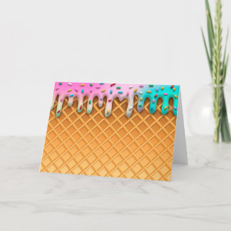 Cartão Cone de Waffle com Gotejamento de Sorvete Rosa Com