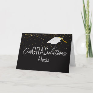 Cartão Confete Dourado de Formatura e Boina Branca