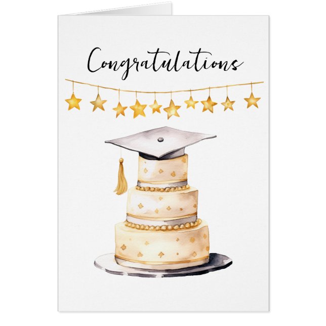 Cartão Congrats Grad Watercolor Hat and Cake (Frente)