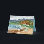 Cartão Congratulations New Beach House Ocean Waves<br><div class="desc">Congratulations on your new beach house greeting card featuring a peaceful seascape with beach houses tucked up against the cliffs with rugged volcanic mountains in the distance. Inspired by a beach on the island of Oahu, Hawaii. On the inside is a coordinating shade of turquoise with text you can edit...</div>