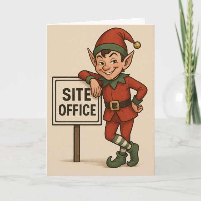 Cartão Construction theme Christmas card Elf leaning  (Frente)