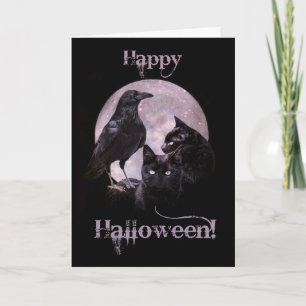 Cartão Cool Corvo Gótico e Gato Preto Halloween