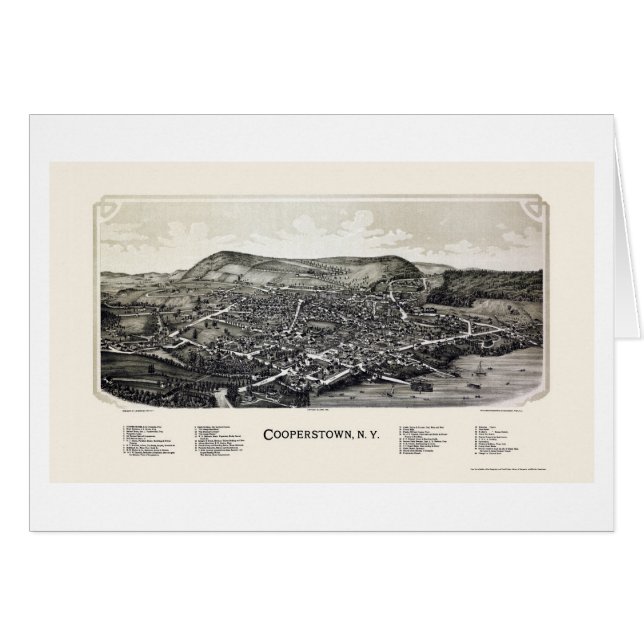 Cartão Cooperstown, mapa panorâmico de NY - 1890 (Frente Horizontal)