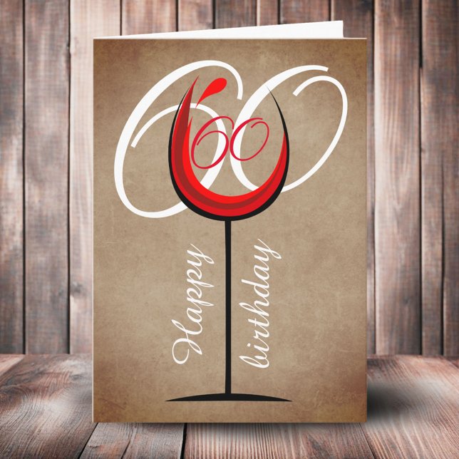 Cartão Copo de Vinho Tinto Rústico Script 60º Aniversário (Criador carregado)