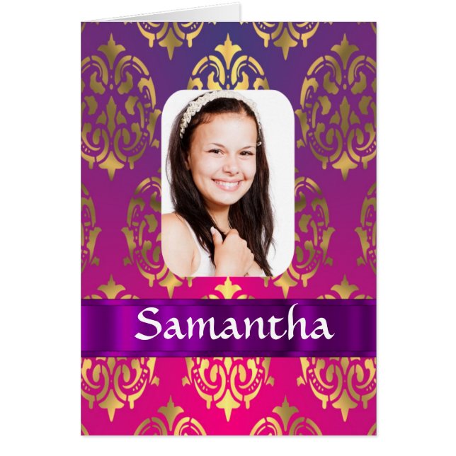 Cartão Cor damasco rosa personalizada e dourada (Frente)