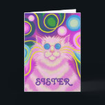 cartão cor-de-rosa do aniversário groovy" da<br><div class="desc">Bebê Groovy! Um gato listrado cor-de-rosa com suiças de roda e um arco-íris psicadélico modelou o fundo. Cartão de cumprimentos com um design customizável do rosa, do azul, do verde, o roxo e o amarelo para que você personalize com seus próprios texto, imagens e ideias. O texto pode facilmente ser...</div>