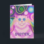 cartão cor-de-rosa do aniversário groovy" da<br><div class="desc">Bebê Groovy! Um gato listrado cor-de-rosa com suiças de roda e um arco-íris psicadélico modelou o fundo. Cartão de cumprimentos com um design customizável do rosa, do azul, do verde, o roxo e o amarelo para que você personalize com seus próprios texto, imagens e ideias. O texto pode facilmente ser...</div>